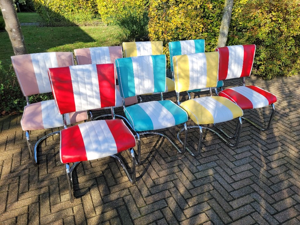 4 kleuren Bel Air diner slede stoelen retro sixties fifties, Huis en Inrichting, Ophalen, Overige kleuren, Zo goed als nieuw, Vier