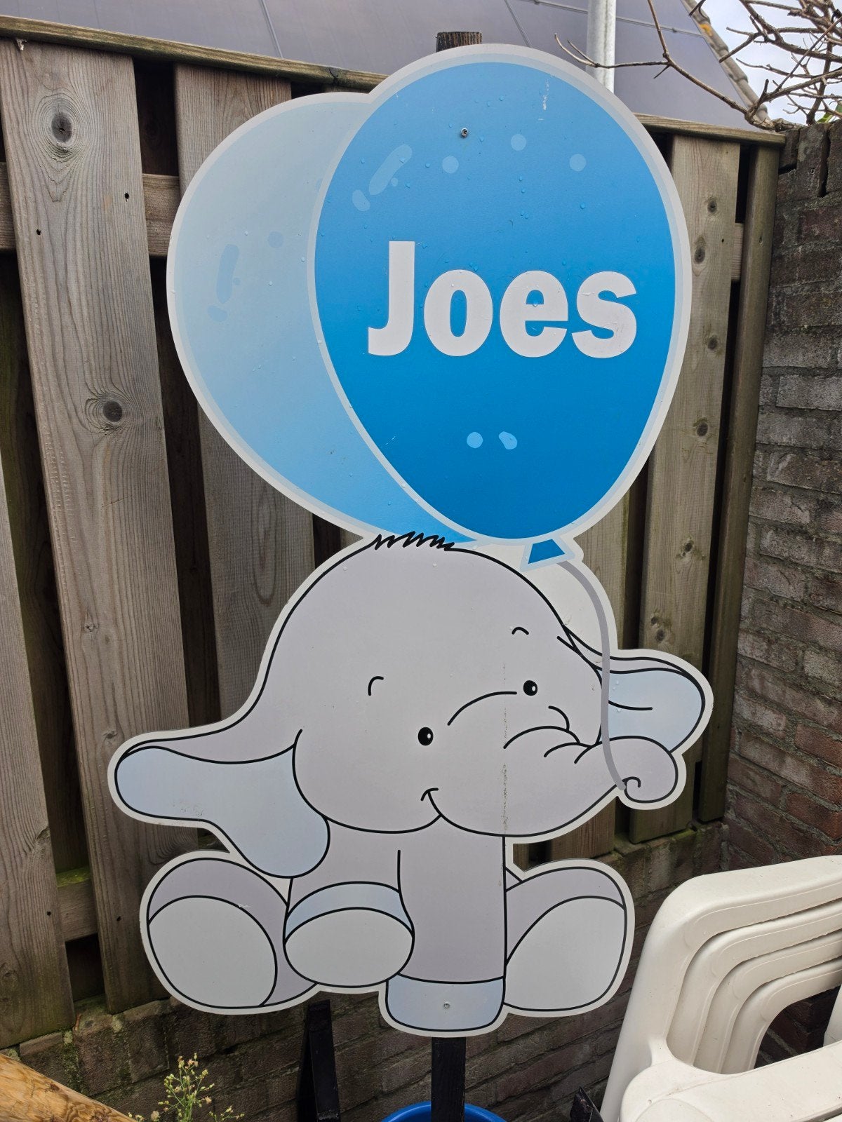 Geboortebord Joes met olifant en ballonnen, Ophalen, Gebruikt, Geboortebord