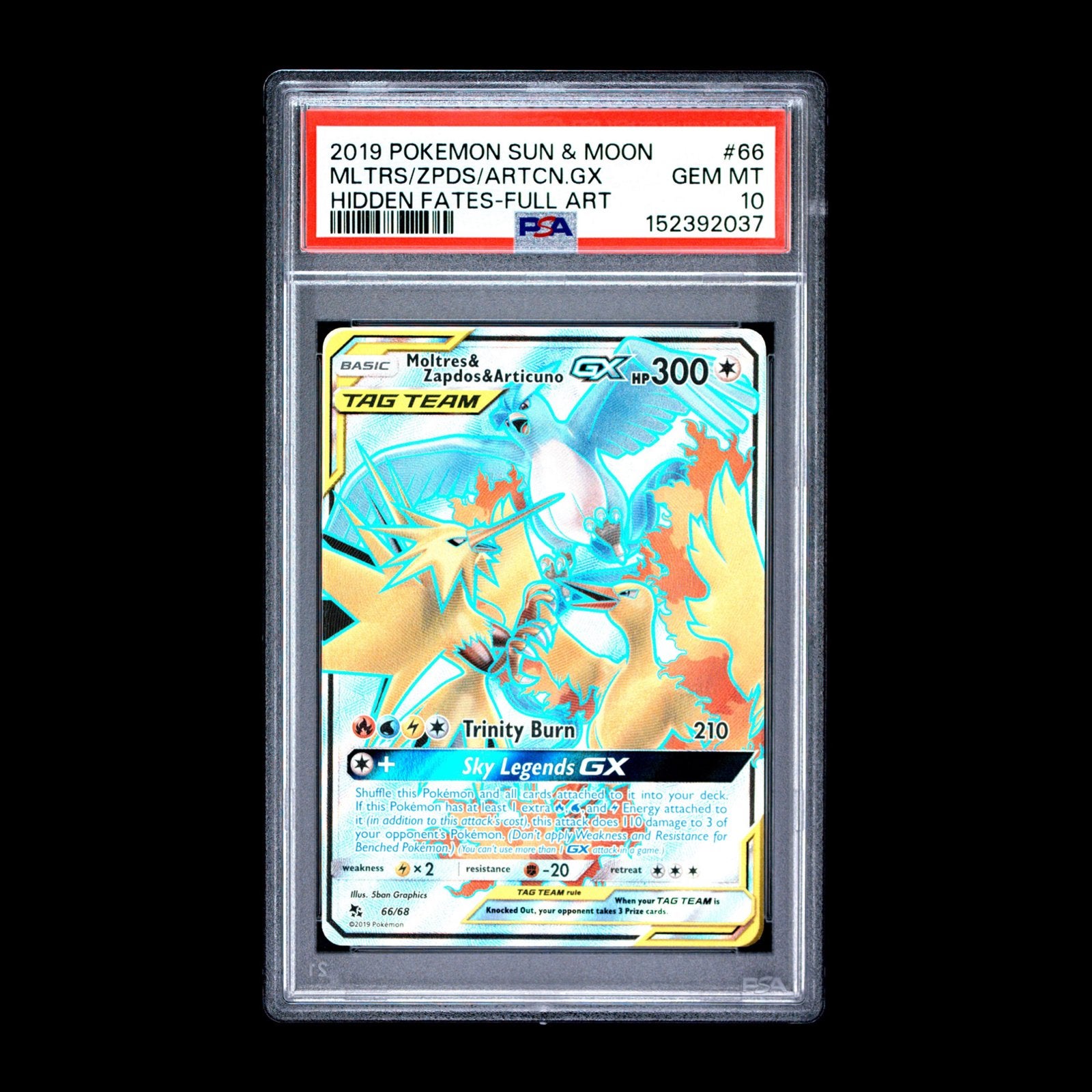 PSA 10 Moltres & Zapdos & Articuno GX Full Art #66, Ophalen of Verzenden, Zo goed als nieuw, Losse kaart