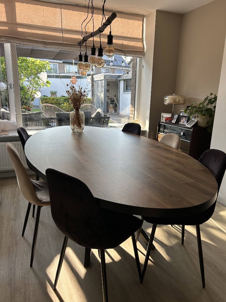 Moderne Ovale Eettafel (Houtlook & Zwart Metalen Onderstel), Ophalen, 100 tot 150 cm, Modern; Industrieel, 200 cm of meer