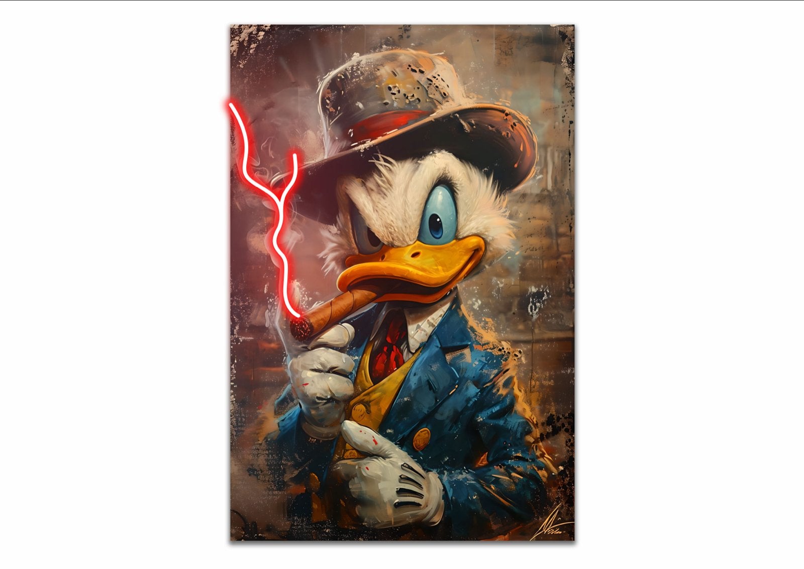 Donald Duck Gangster Stijl Schilderij met Neon 75x100cm, Ophalen of Verzenden, Print, Textiel, Stripfiguren/cartoons