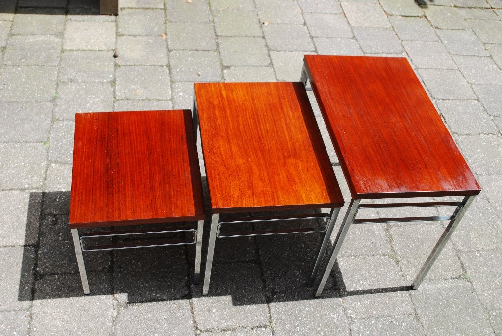Vintage Nest tafeltjes teak met chroom, Ophalen, Gebruikt, Teakhout, Vintage