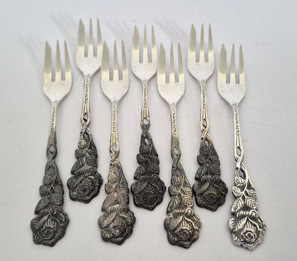 7x Verzilverde taartvorken "roos", Antiek en Kunst, Antiek | Bestek, Ophalen of Verzenden