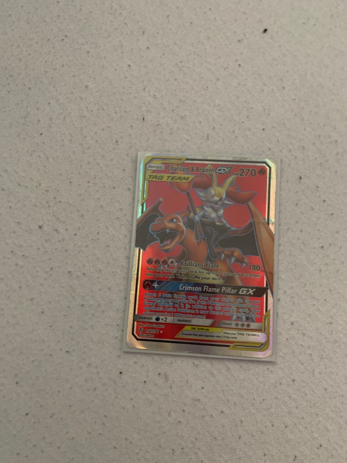 Pokémon Kaart: Charizard & Braixen GX TAG TEAM (270 HP), Ophalen of Verzenden, Zo goed als nieuw, Losse kaart, Foil