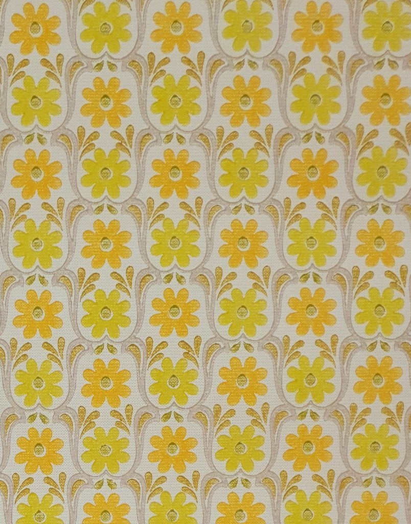13679 Origineel oud bloemenbehang in geel en oranje swiet, Ophalen of Verzenden, Beige