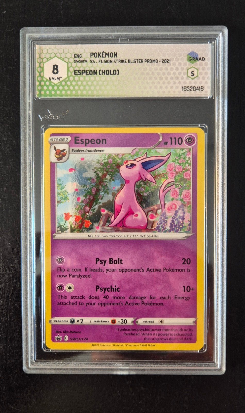 Pokémon Espeon (Holo) GRAAD 8, Ophalen of Verzenden, Zo goed als nieuw, Losse kaart, Foil