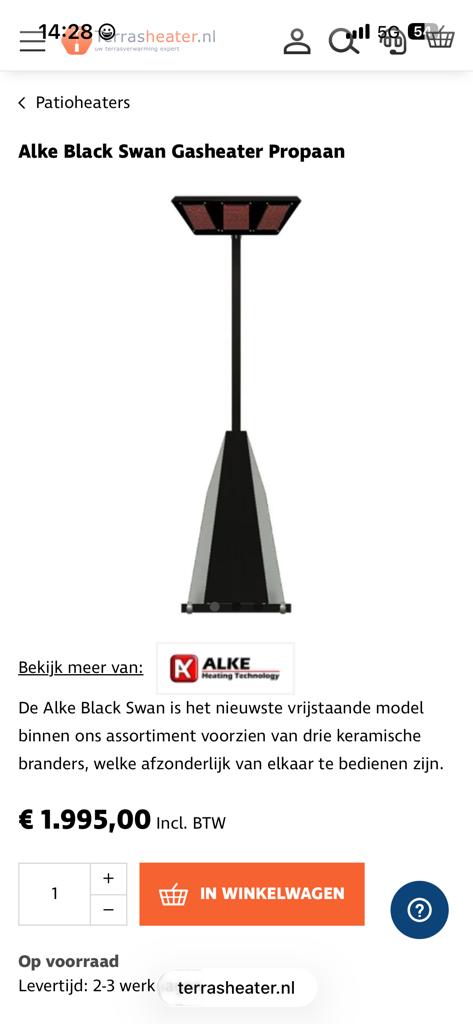 Alke Black Swan Gaskachel Propaan - Vrijstaande Terrasverwar, Ophalen, Nieuw, Vrijstaande haard, Gashaard