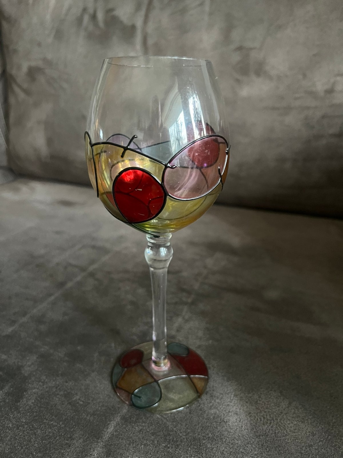 Vintage Handbeschilderd Wijnglas Mond geblazen Glas en Lood., Ophalen of Verzenden