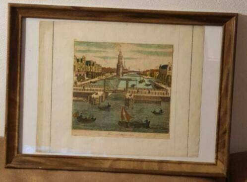 Oude gravure Amsterdam Montelbaanstoren rond 1750, Antiek en Kunst, Kunst | Etsen en Gravures, Ophalen