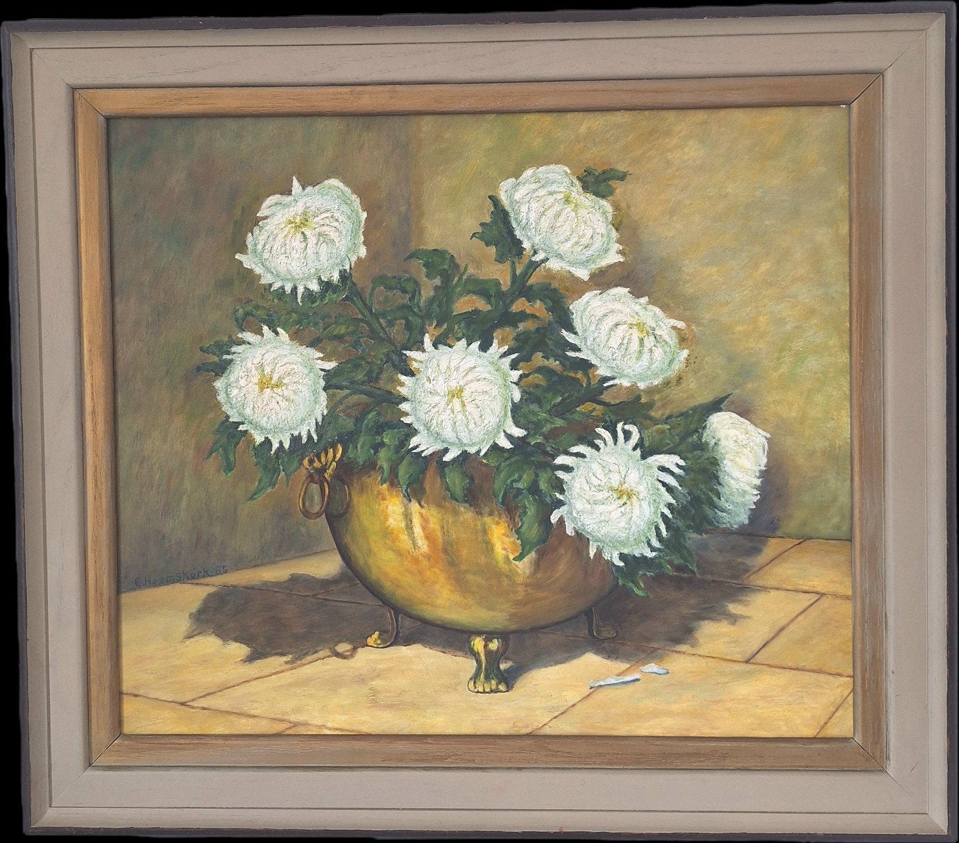 Schilderij: Chrysanten in koperen pot., Antiek en Kunst, Kunst | Schilderijen | Klassiek, Ophalen of Verzenden