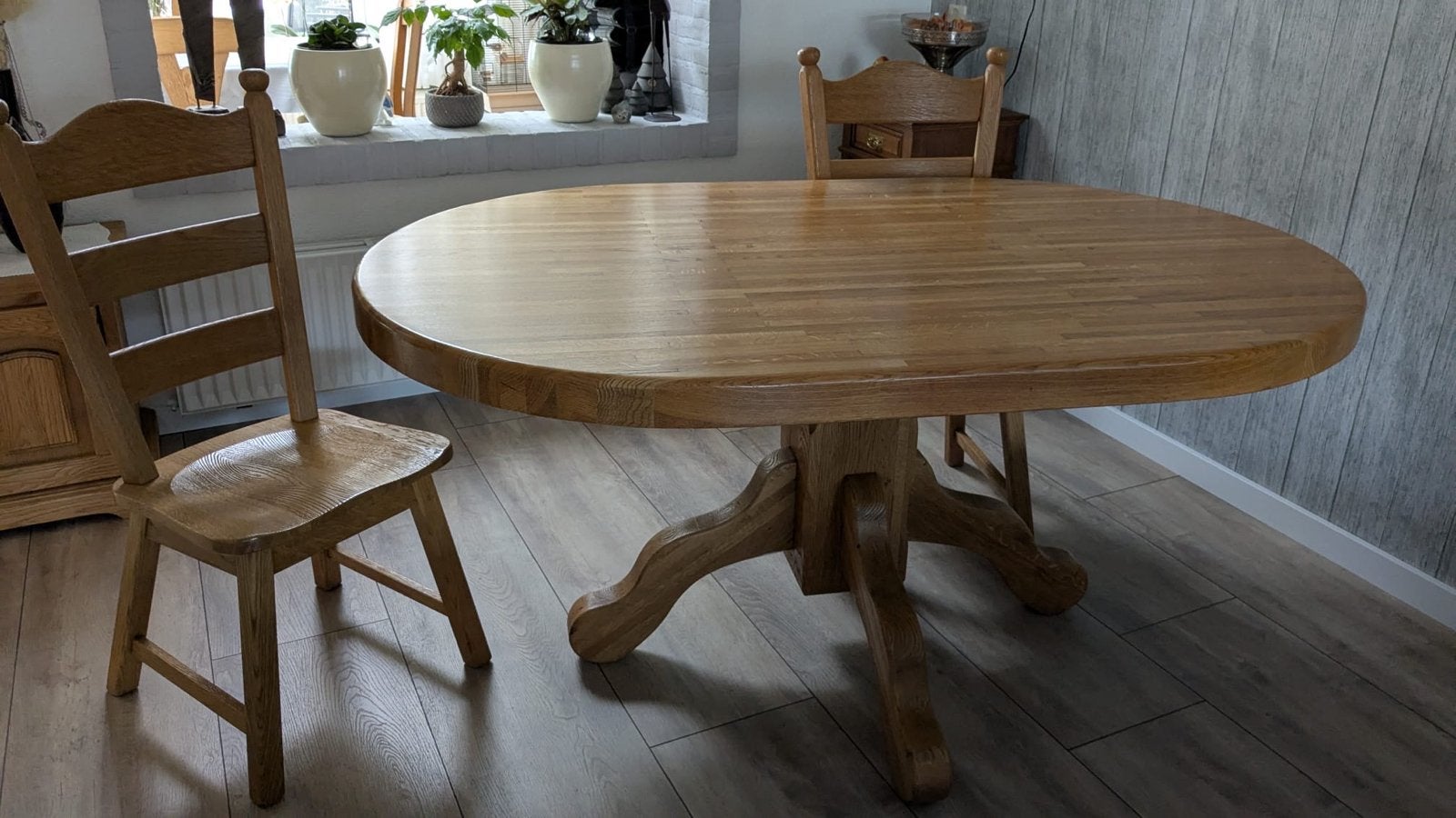 Licht eiken eettafel met 4 stoelen (+2 gratis), Ophalen, Gebruikt, 100 tot 150 cm, Eikenhout
