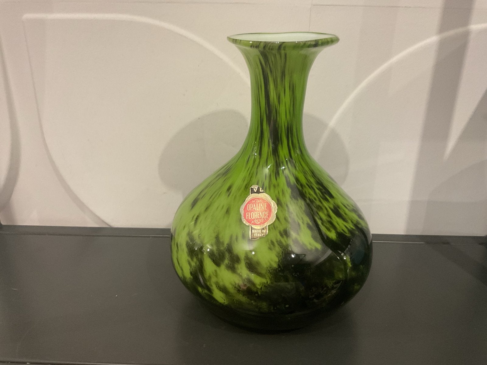 Vintage Opaline Florence vaas - Groen gespikkeld glas, Verzenden