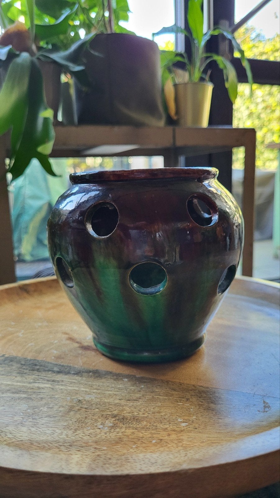 Vintage aardewerk bloempot/krokussen potgroenn/bruin, Ophalen of Verzenden