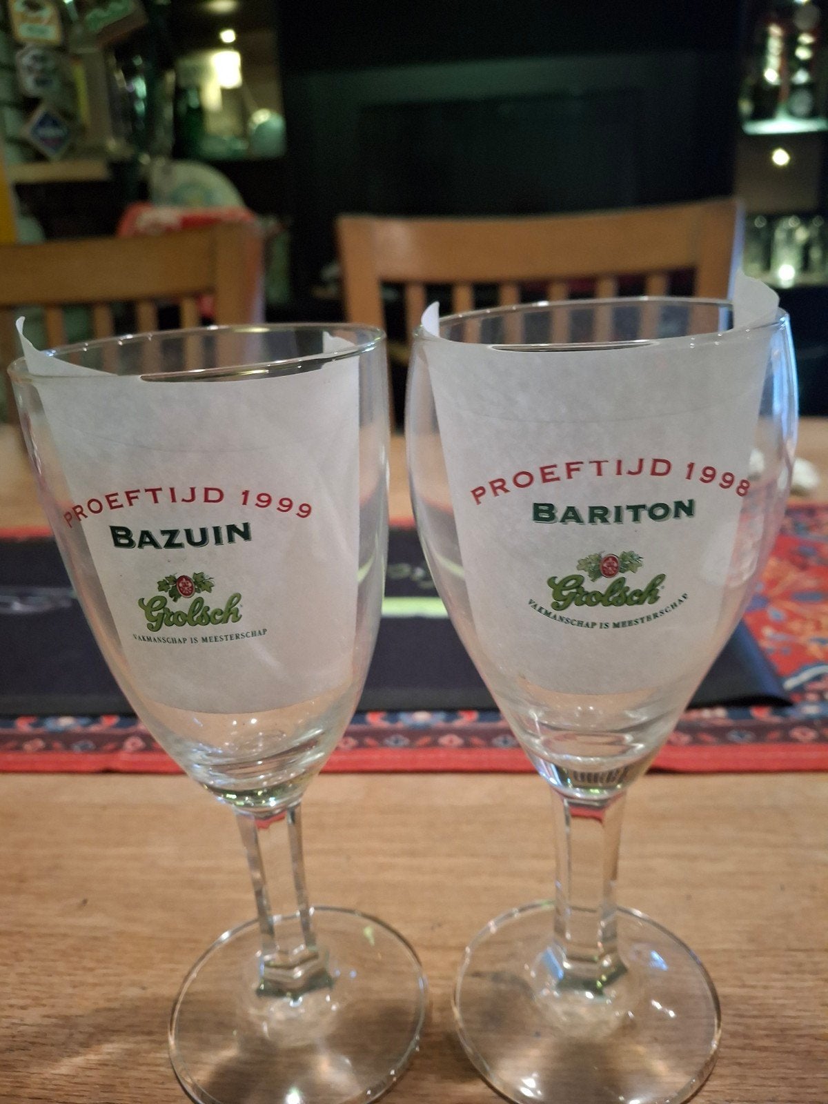Twee Grolsch Proeftijd glazen (Bariton 1998 & Bazuin 1999), Ophalen of Verzenden