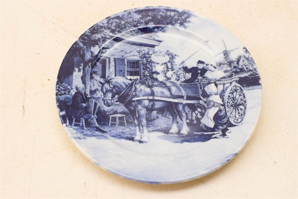 Delft Blauw porseleinen wandbord prent paard met koets 48921, Ophalen of Verzenden, Gebruikt