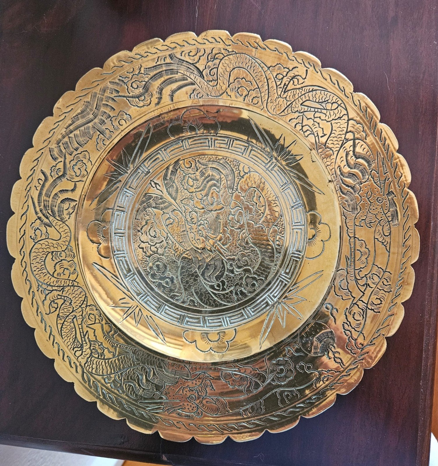 Vintage messing Chinese draken decoratieve plaat, Ophalen of Verzenden