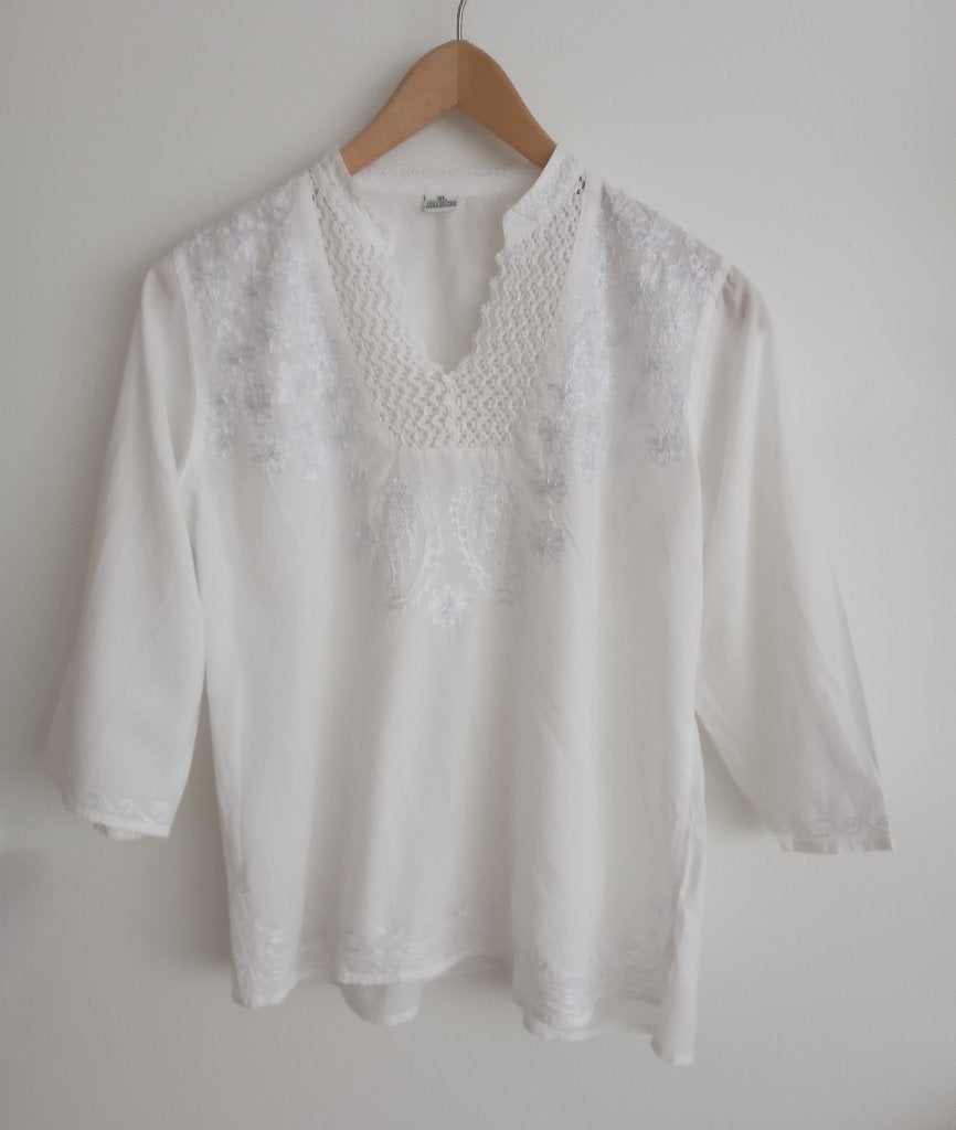 Witte Indiase blouse met borduur, maat L, Oosterveldweg 15, 7274 DZ, Verzenden, Wit, Maat 42/44 (L)