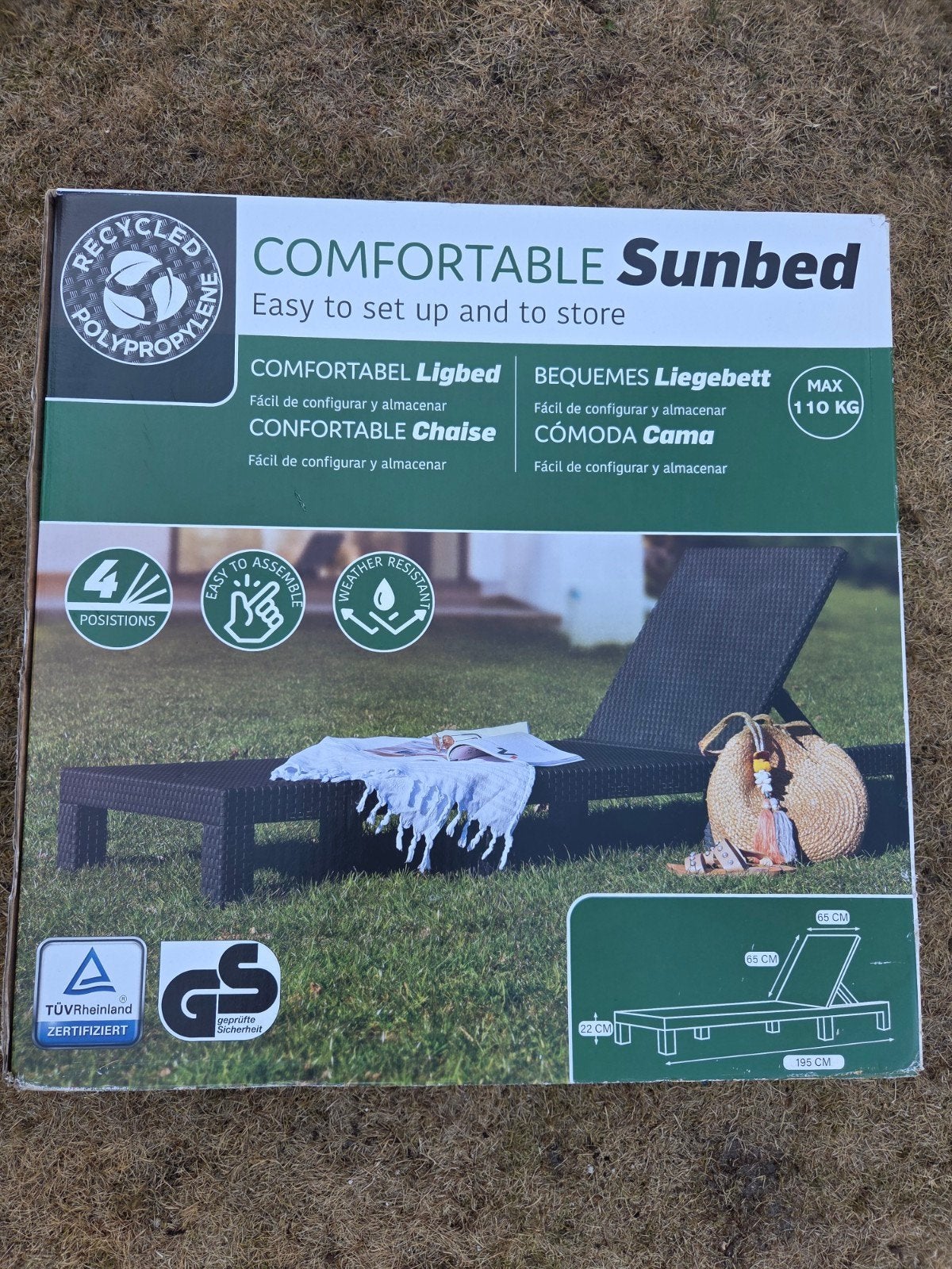 Comfortabel Sunbed = Ligbed - Antraciet - Nieuw in doos, Tuin en Terras, Ligbedden, Ophalen of Verzenden, Nieuw, Kunststof, Verstelbaar
