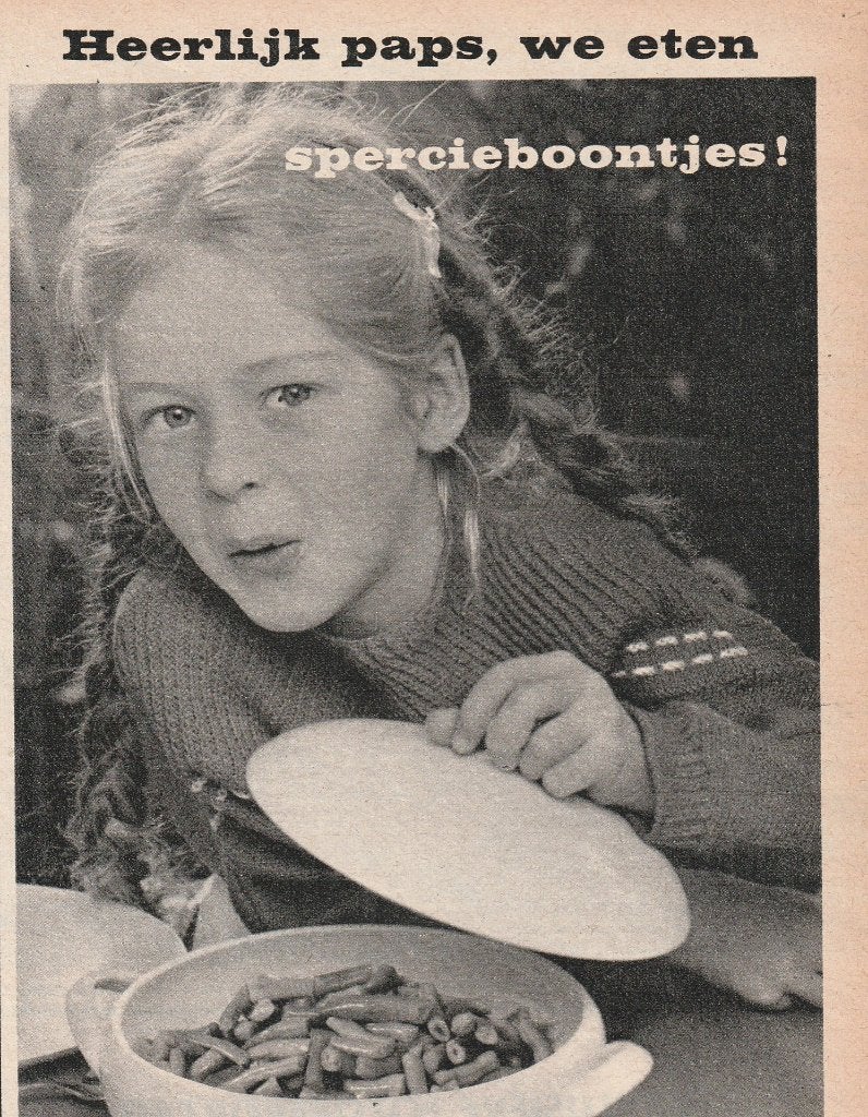 Retro reclame 1960 Jonkerfris sperziebonen meisje is blij, Verzenden, Overige typen