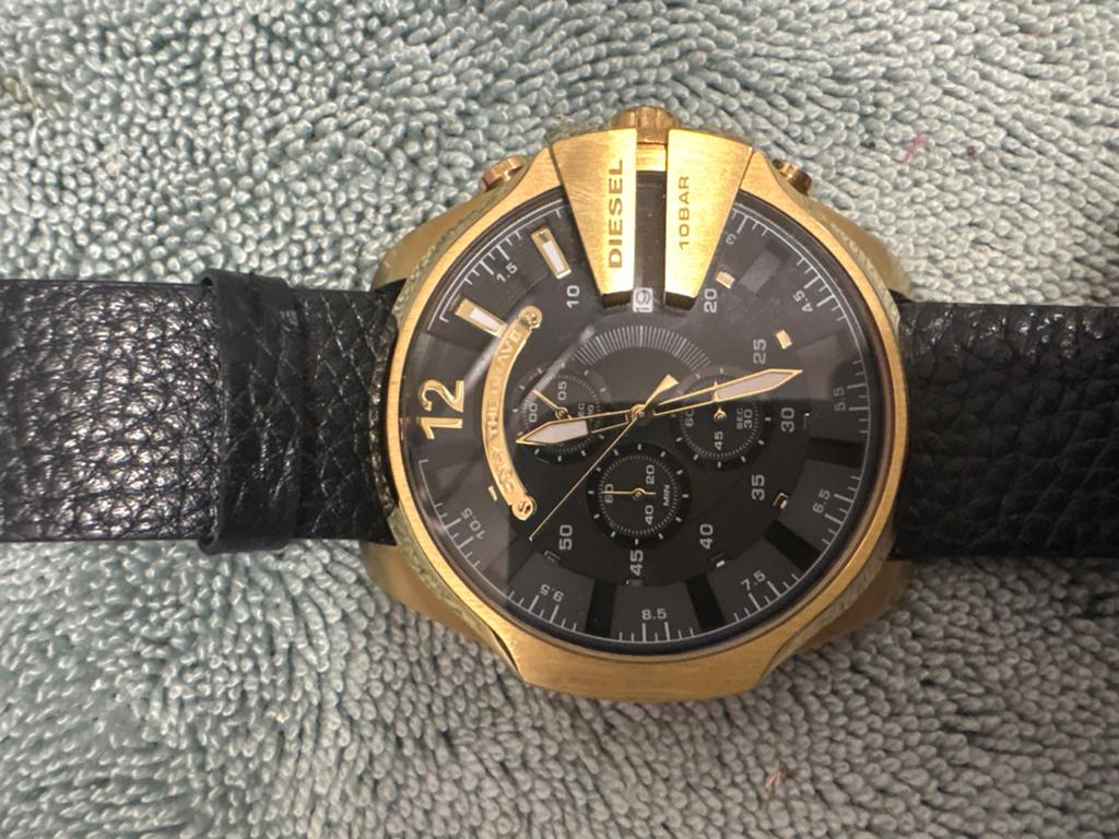 Diesel Mega Chief DZ4344 Chronograaf Horloge Goud/Zwart, Overige materialen, Leer, Polshorloge, Zo goed als nieuw