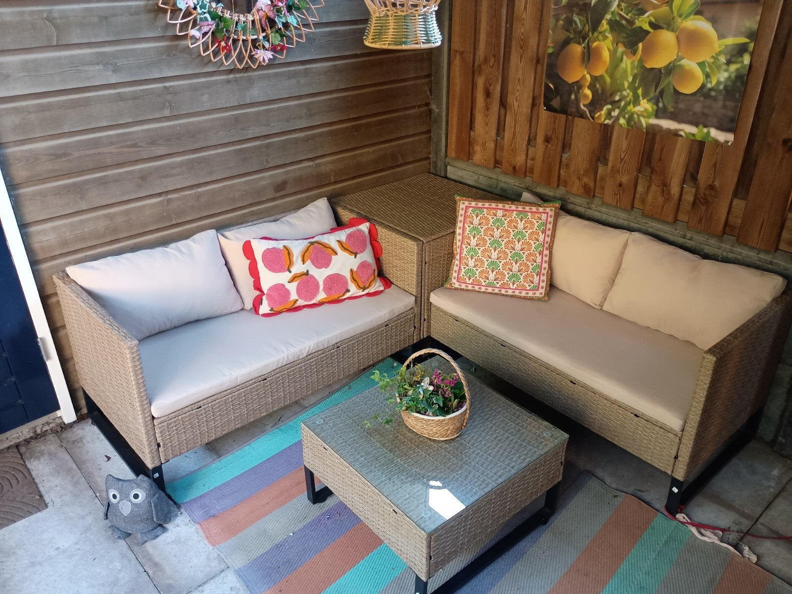 Wicker Loungeset met Opbergbox en Kussens, Tuin en Terras, Ophalen, 4 zitplaatsen, Gebruikt, Bank