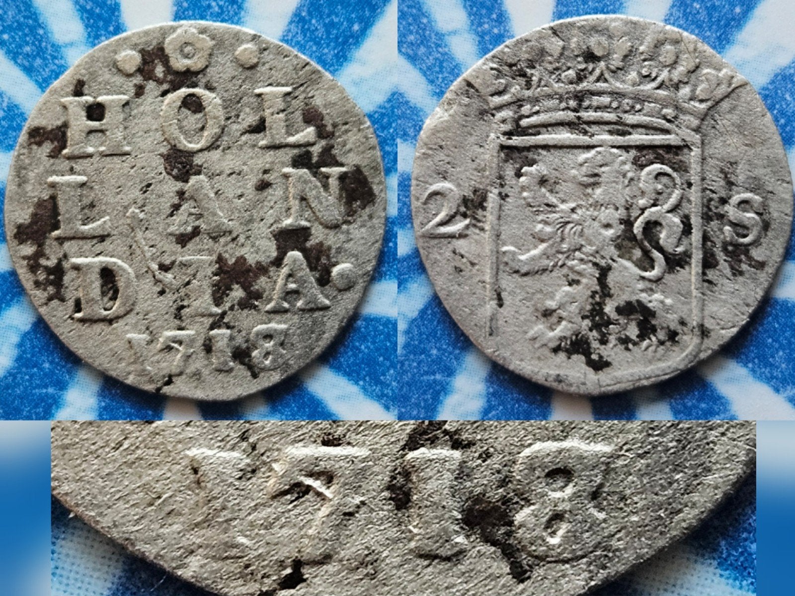 Schaarse munt dubbele stuiver Holland overslag 1718/1717, Ophalen of Verzenden, Overige materialen