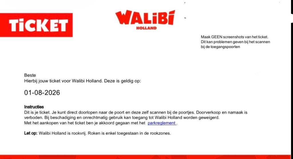2x Walibi Holland Kaartjes voor 1 Augustus 2026, Twee personen, Ticket of Toegangskaart
