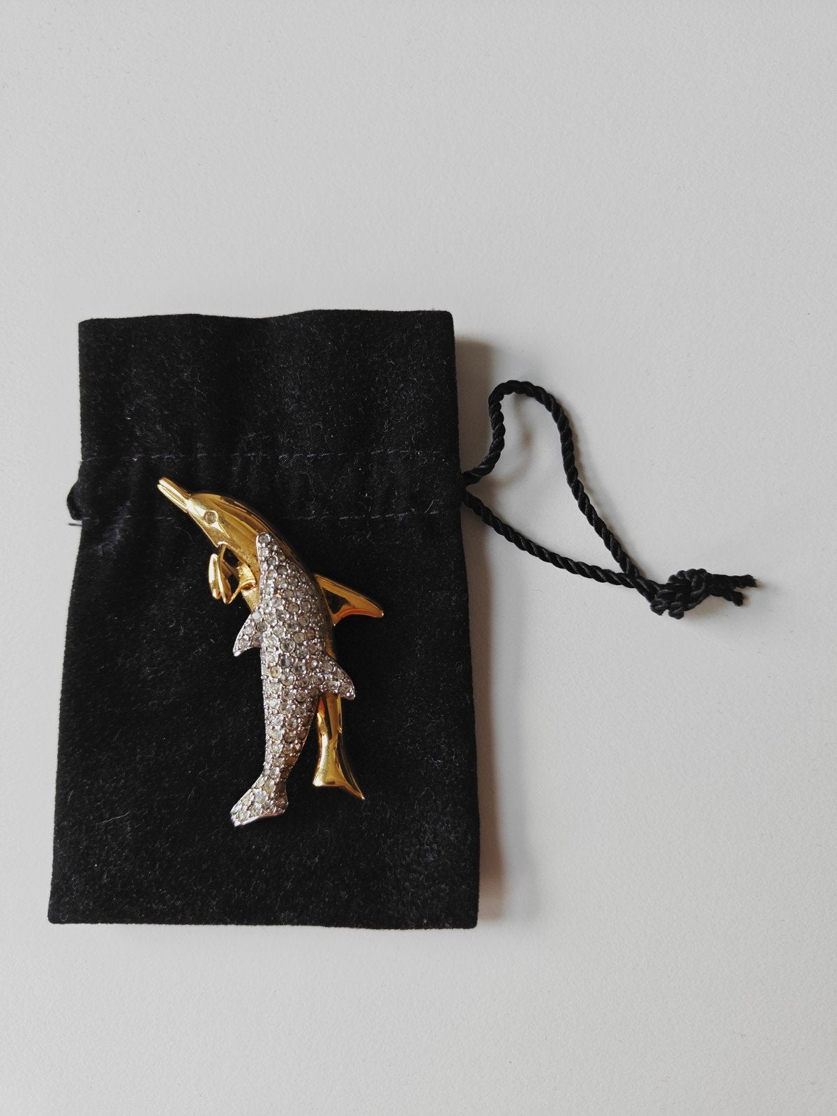 Vintage Swarovski Dolfijnenbroche - Moeder & Baby Dolfijn, Met kristal, Overige materialen, 4 tot 7 cm, Ophalen of Verzenden