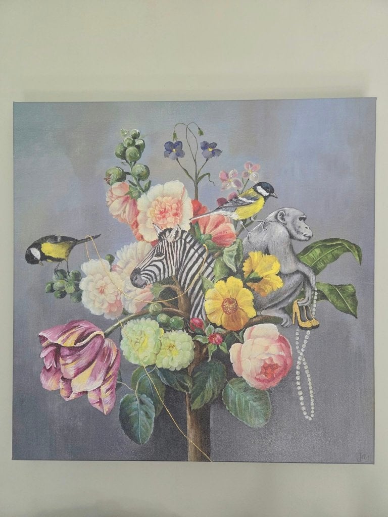 Schilderij met bloemen en dieren Bloem Zebra Jet Illustrates, Realistisch, Overige ondergronden, Gemengde techniek, Ophalen
