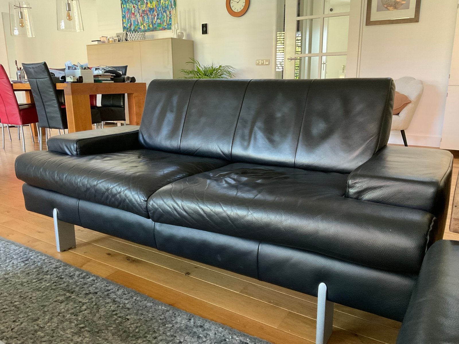 Rolf Benz designer zwart leren 2 + 3 persoonsbank, Ophalen, Gebruikt, Overige maten, 150 tot 200 cm