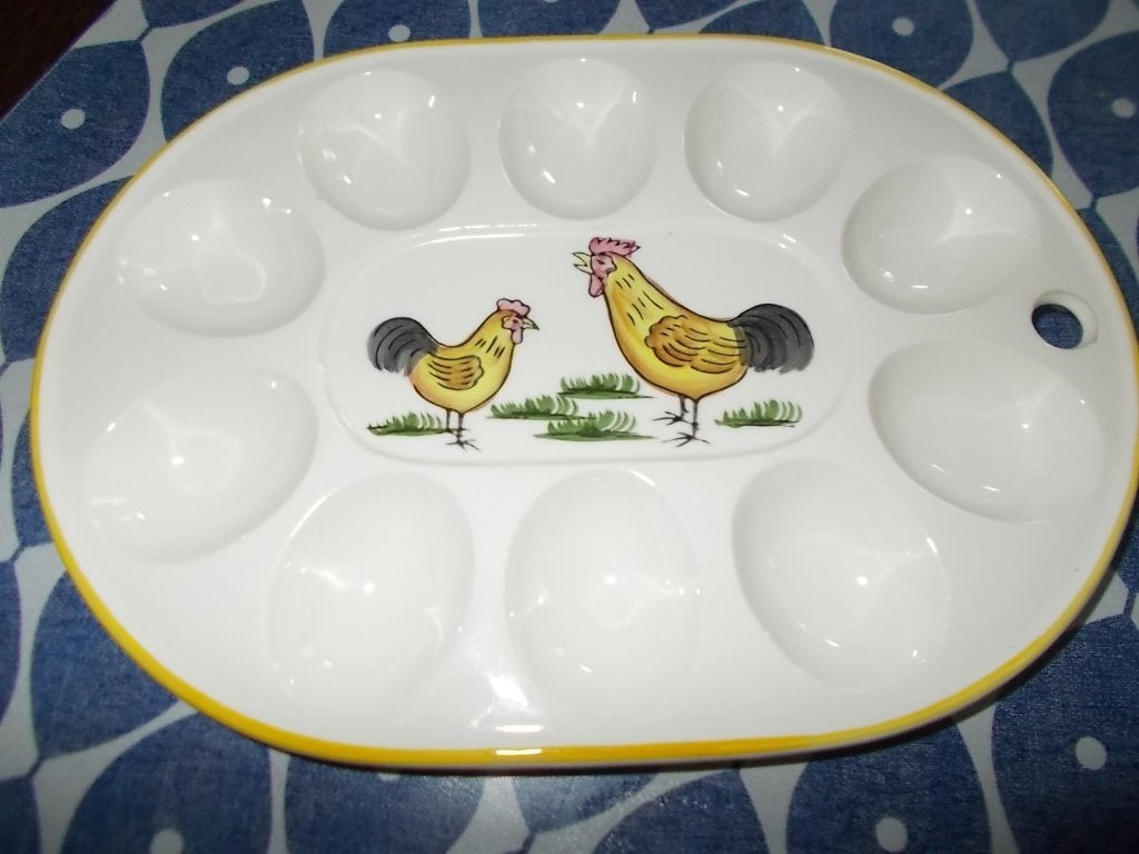 🥚Ovale eierbord met haan en kip decoratie, eierschaal., Ophalen of Verzenden, Overige stijlen, Aardewerk, Schaal of Schalen