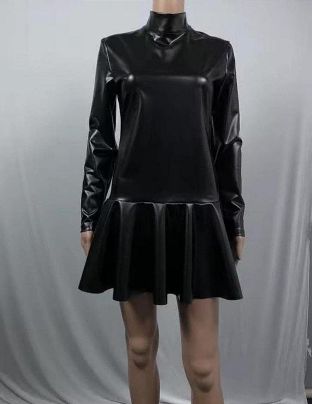 Mooie leerlook jurk met hals, tm 3XL, Verzenden, Nieuw, Zwart, Boven de knie