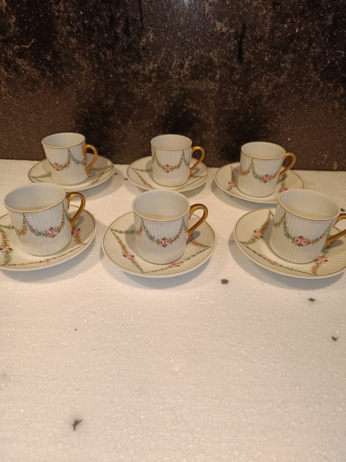 Antiek Frans Porseleinen Koffieservies - Roze Rozenslinger, Ophalen of Verzenden
