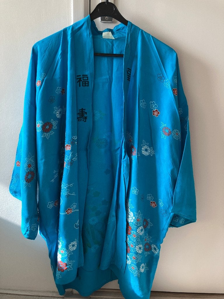 Felblauwe Japanse kimono van rayon, Ophalen of Verzenden, Gedragen, Blauw