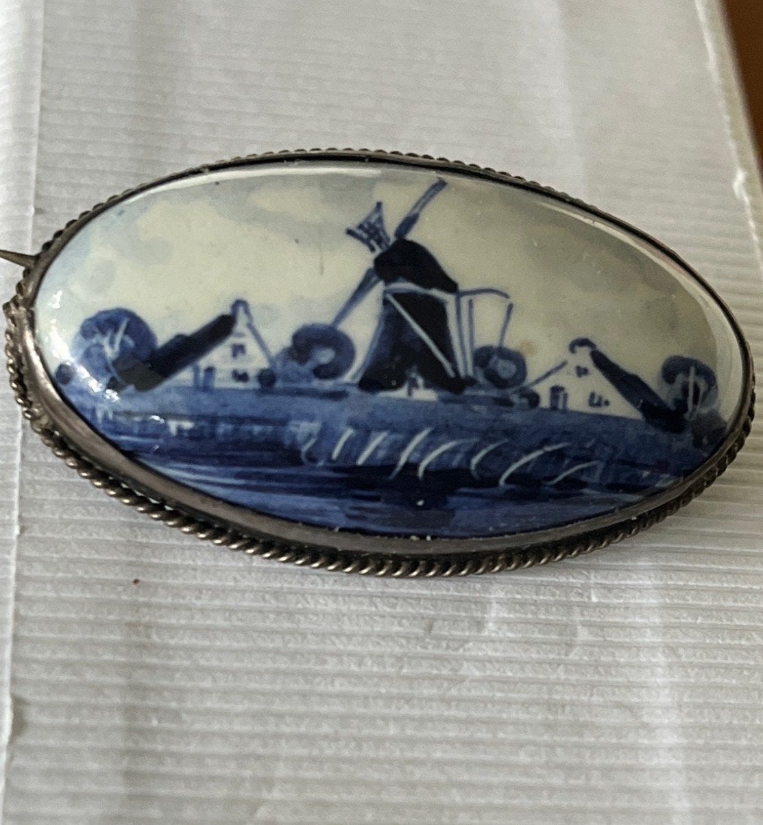Vintage Delfts Blauwe Zilveren Broche - Schoonhoven 1950, Ophalen of Verzenden