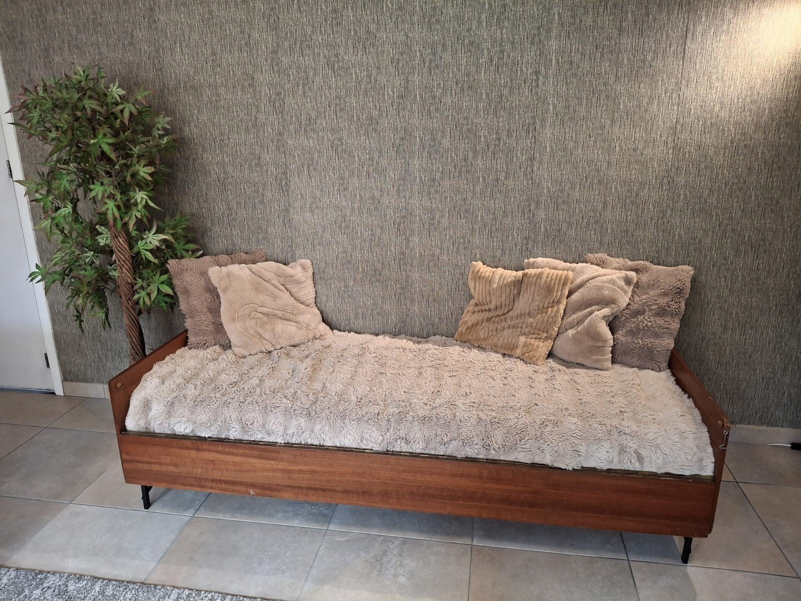 Vintage Opklapbed / Daybed, Ophalen, Gebruikt, Eenpersoons, Bruin
