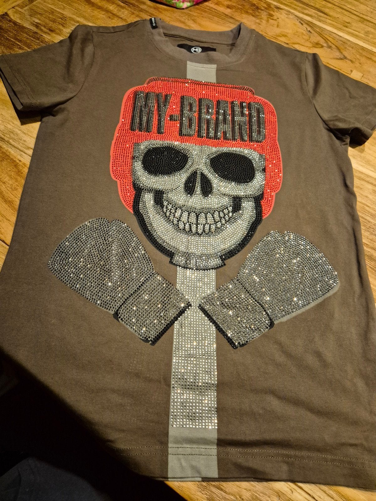 My Brand T-shirt met doodshoofd en bokshandschoenen, Bruin, Ophalen of Verzenden, Zo goed als nieuw, Maat 46 (S) of kleiner