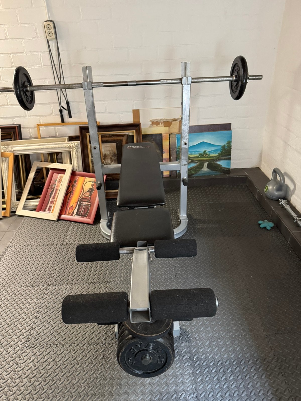 Complete bankdrukset met 50 kg aan gewichten, Sport en Fitness, Fitnessmaterialen, Ophalen, Gebruikt