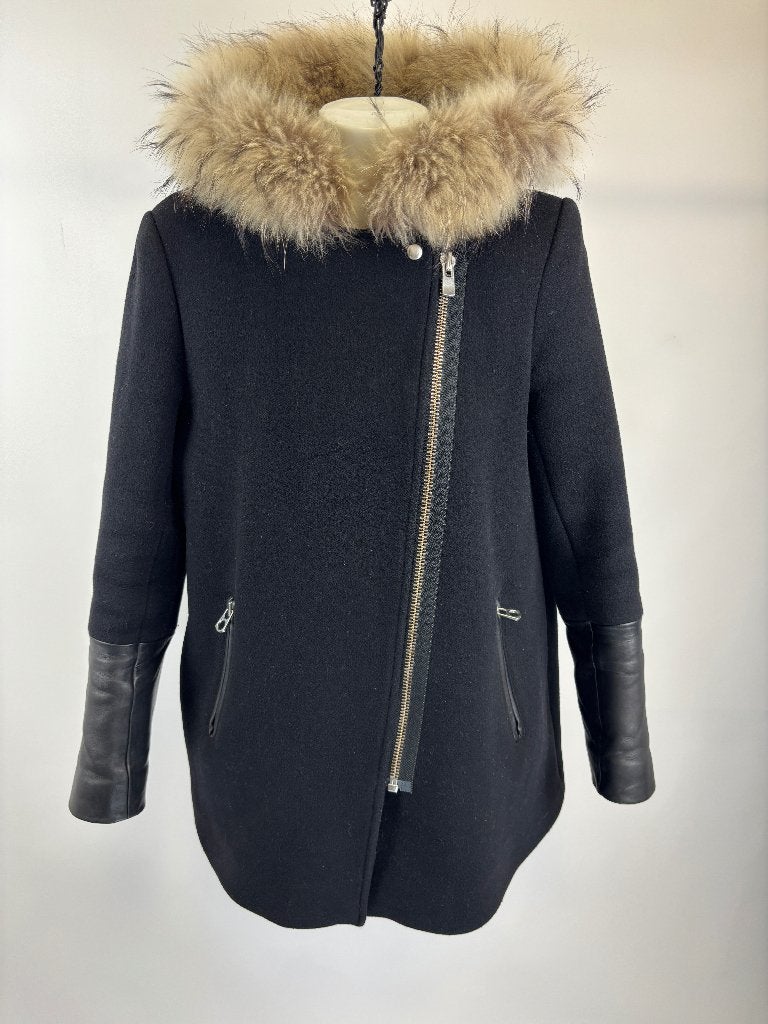SANDRO Zwart wol raccoon hoodie jas  Maat 38, Maat 38/40 (M), Zwart, Sandro, Ophalen of Verzenden