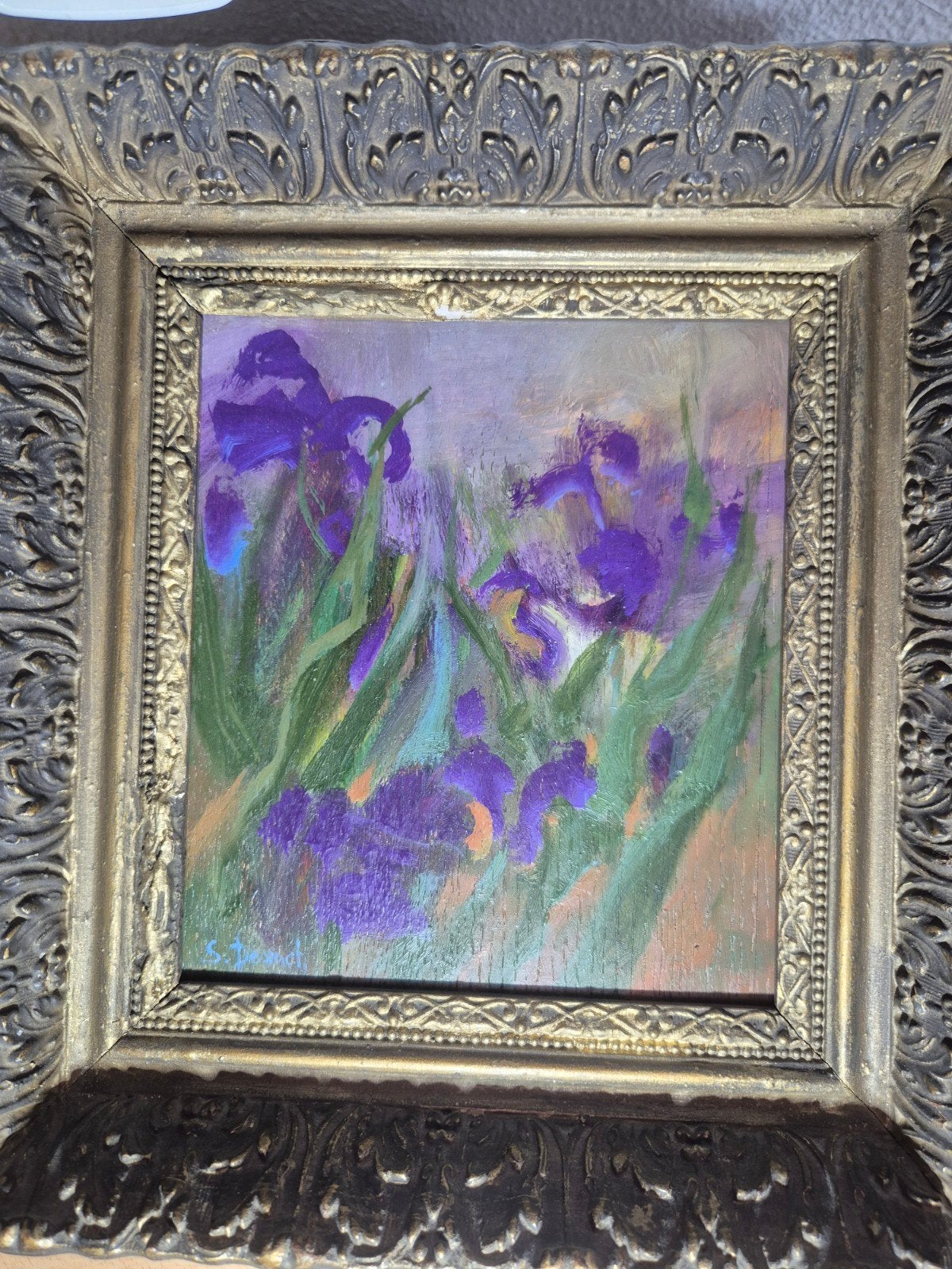 Schilderij: Iris bloemen, olieverf op hout, gesigneerd, Hout, Ingelijst, Ophalen of Verzenden, Olieverf