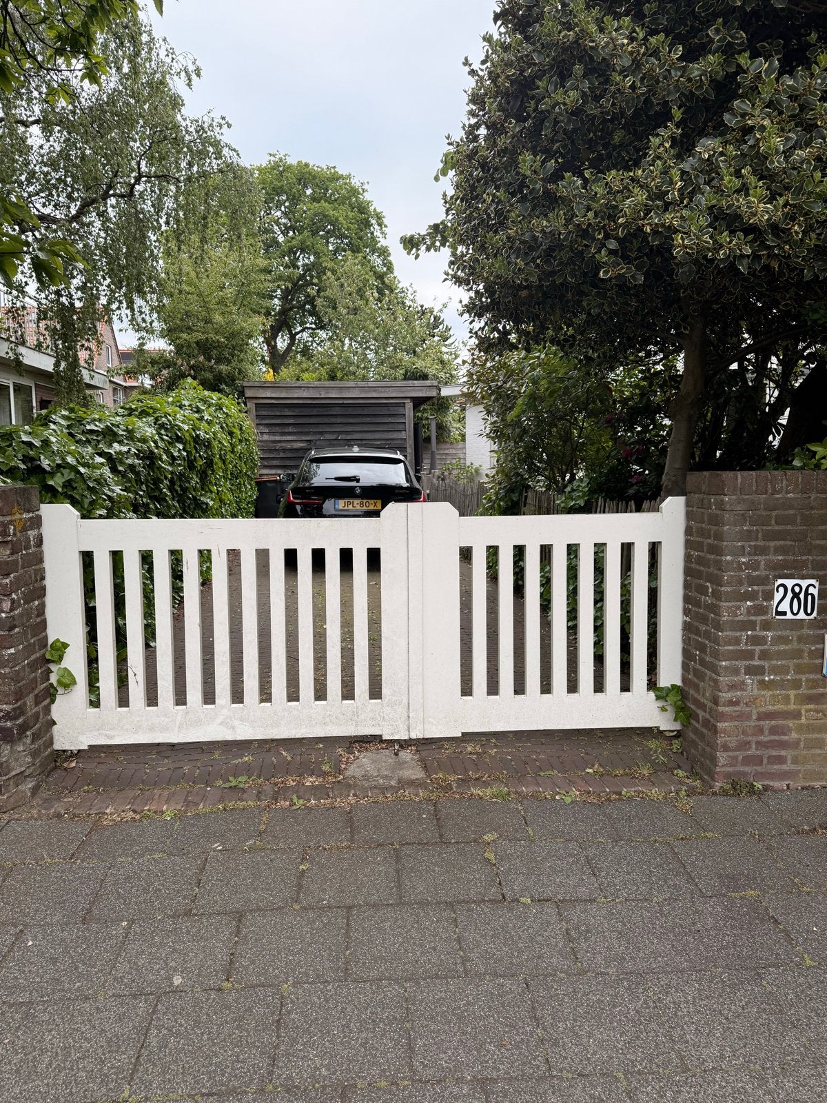 Houten tuinpoort met dubbele deuren, Tuin en Terras, Ophalen, Met poort, Gebruikt, Tuinhek