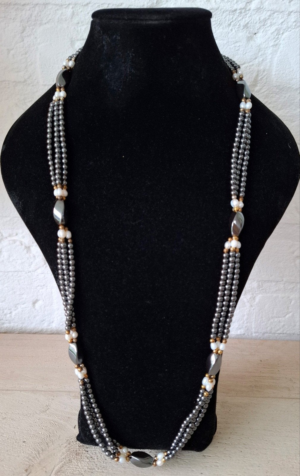Lange, vintage Hematiet en parel ketting. 72 cm., Ophalen of Verzenden, Zo goed als nieuw
