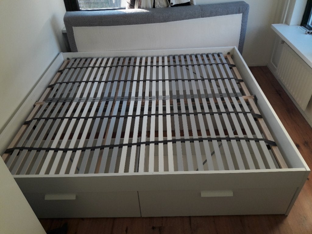 Tweepersoonsbed, 200x180 met 4 opberglades, Ophalen, Gebruikt, Wit, Modern met opbergruimte