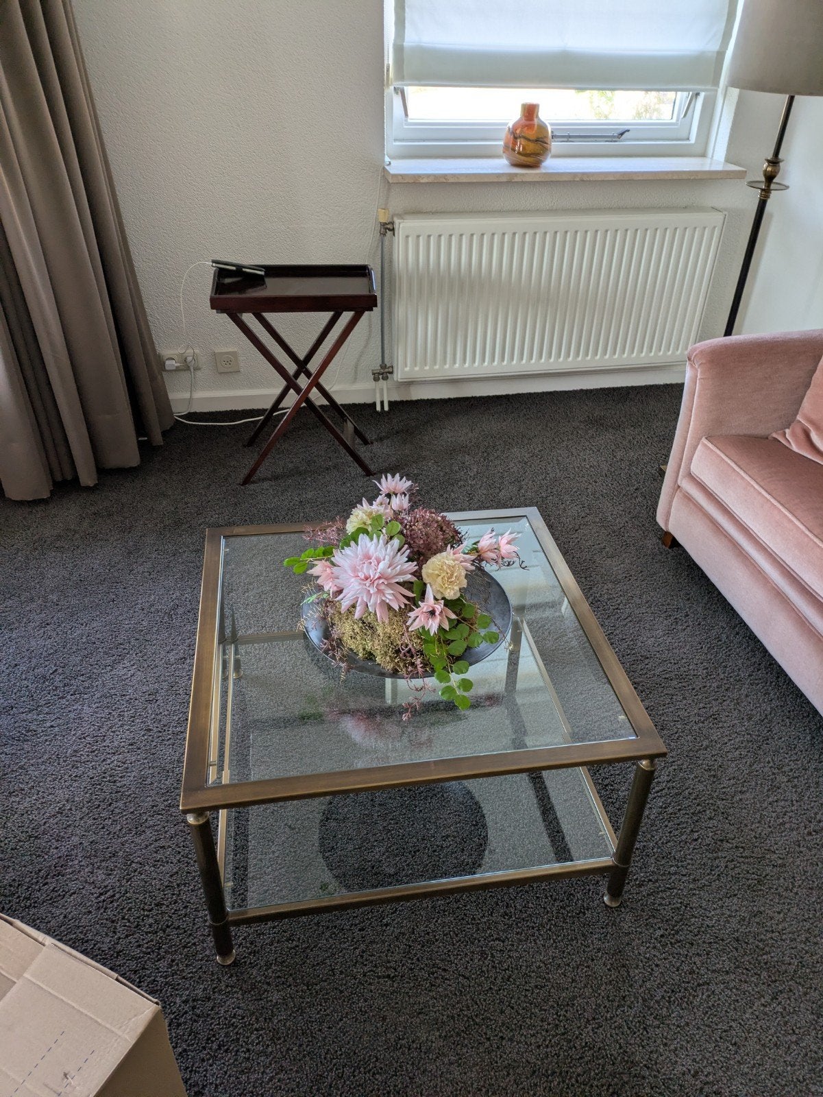 Glazen salontafel met messing frame, Ophalen, Gebruikt, 50 tot 100 cm, 50 tot 100 cm