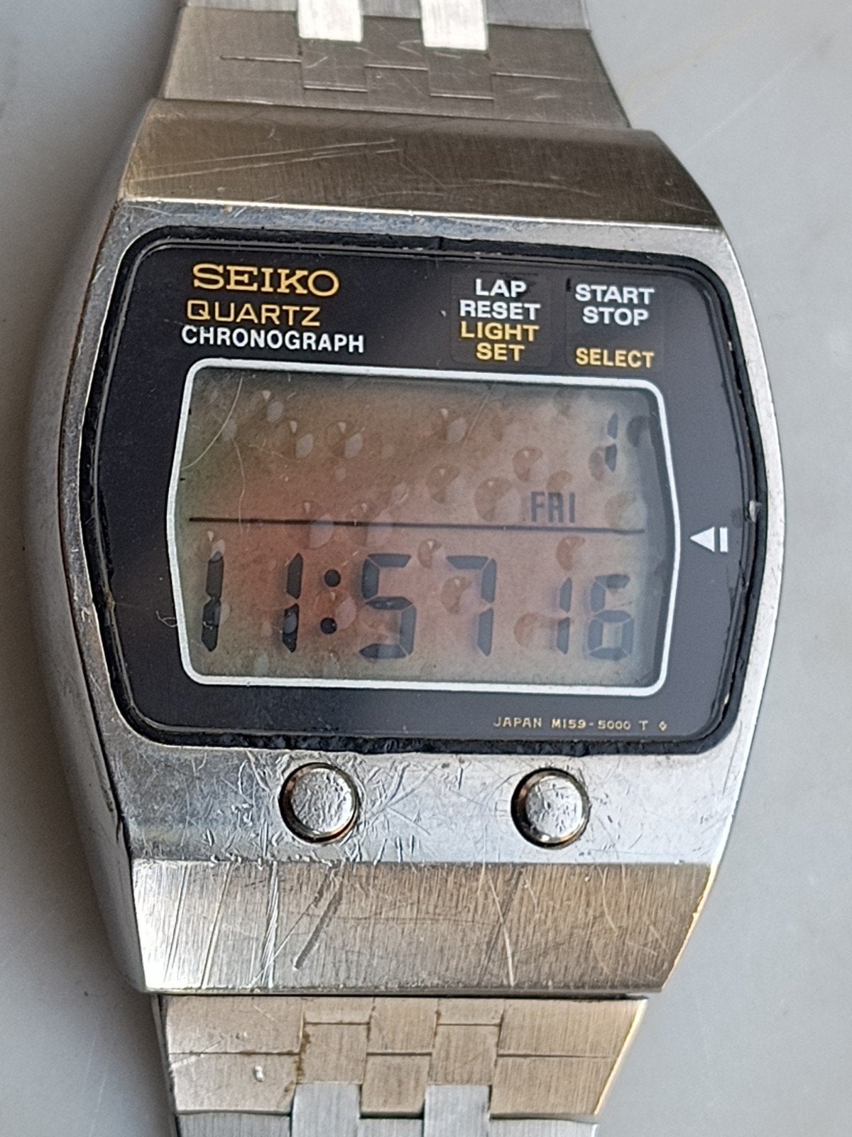 Zeldzame Vintage Seiko M159-5000 LCD Chrono 1977, werkend!, Ophalen of Verzenden, Staal, Seiko, 1960 of later