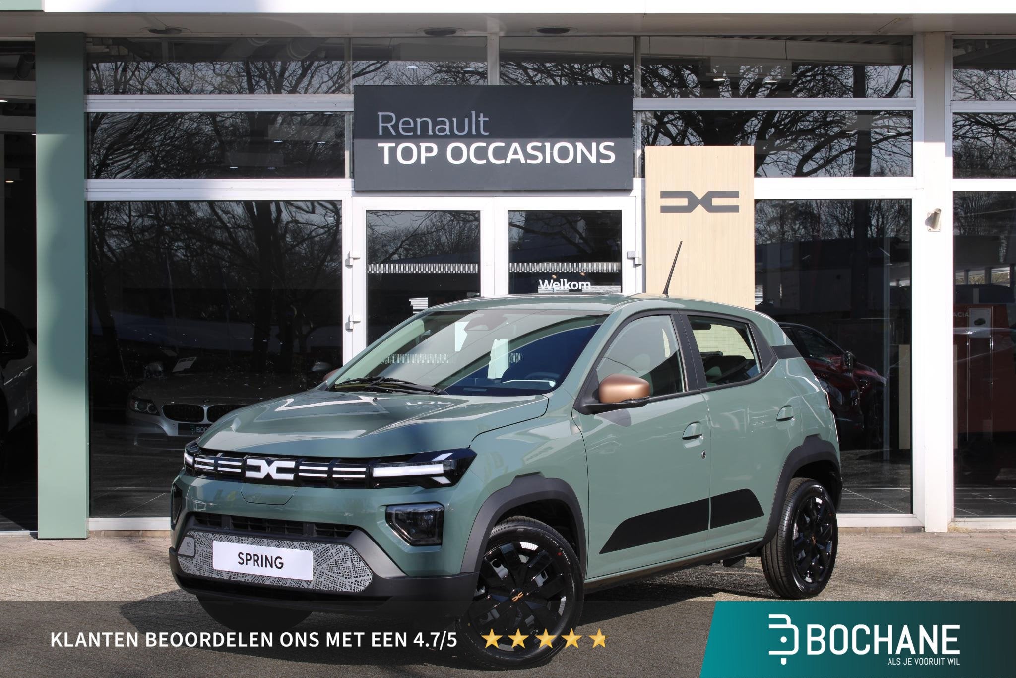 Dacia Spring Extreme 65 26.8 kWh Lichen Kaki, Auto's, Huisgarantie, Met garantie (alle), 4 stoelen, Leder en Stof