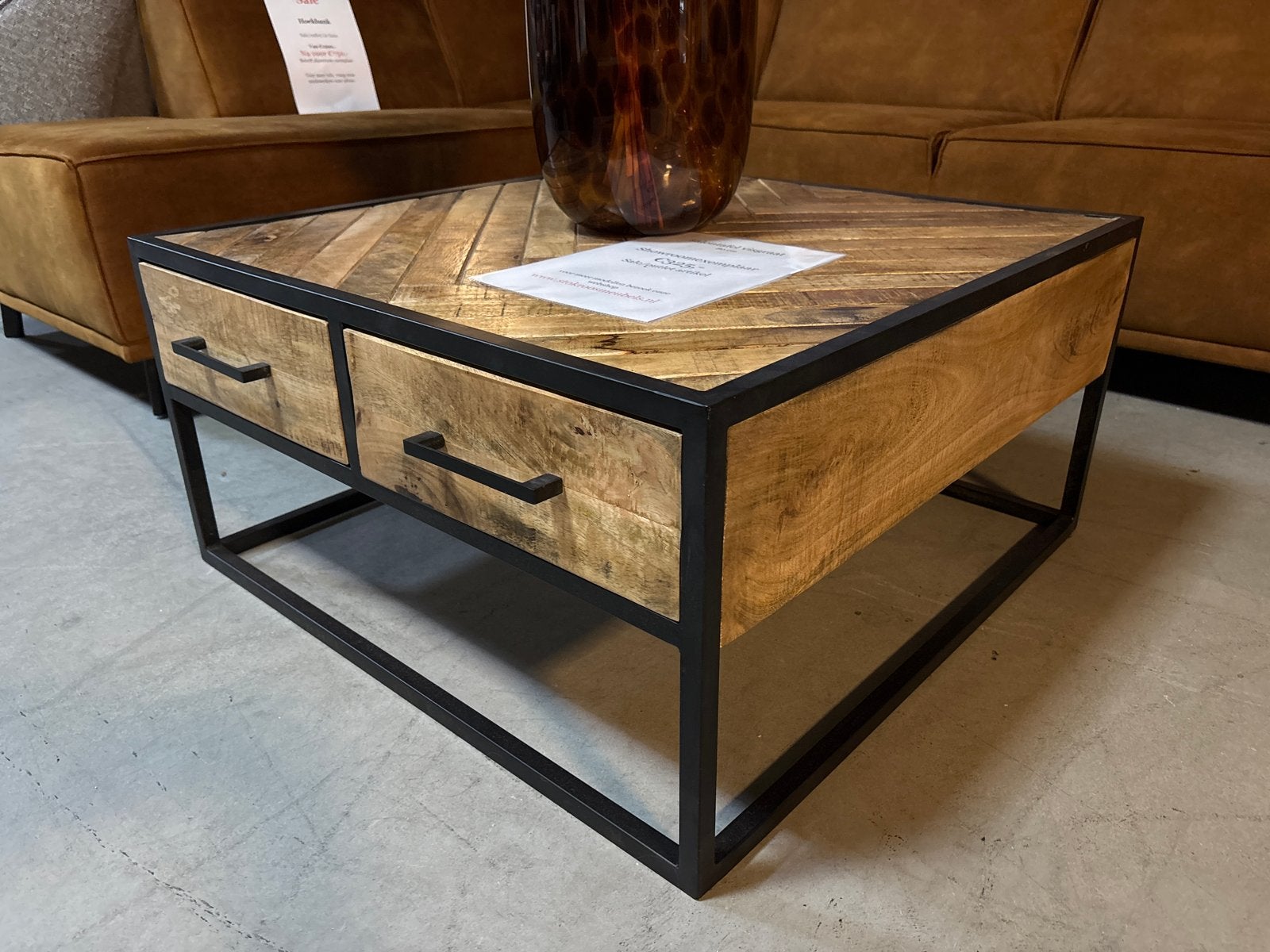 Salontafel mangohout visgraat 80x80 cm met 4 lades, Vierkant, Nieuw, 5 – 50, Overige houtsoorten