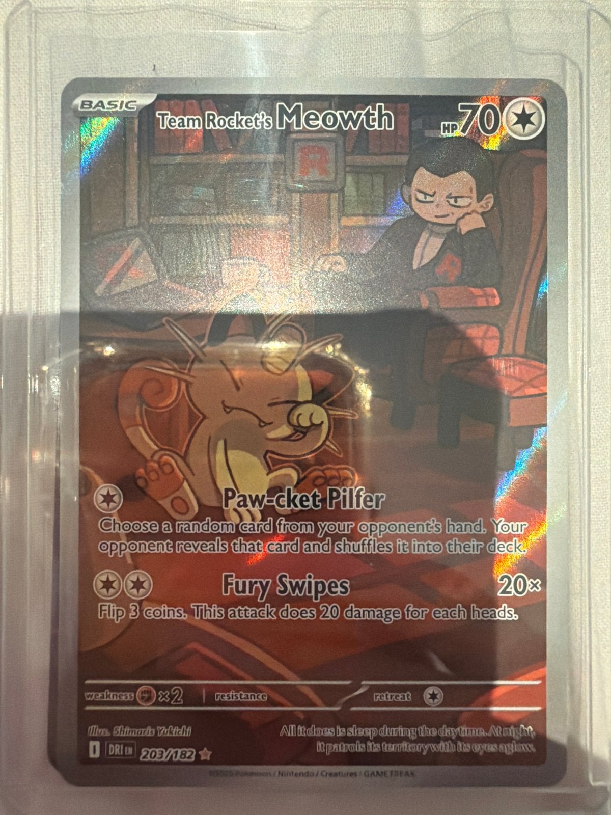 Team Rocket's Meowth 203/182 - Pokemon kaart, Ophalen of Verzenden, Zo goed als nieuw, Losse kaart, Foil