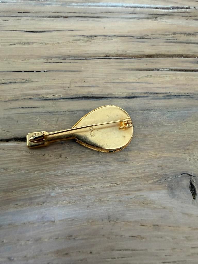 Vintage Broche in de vorm van een mandoline, Sieraden, Tassen en Uiterlijk, Broches, Gebruikt, Overige materialen, Goud, 4 tot 7 cm