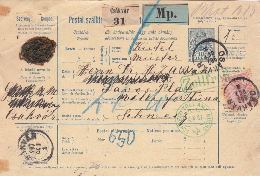 Hongarije Pakketkaart Osakvar-Zwitserland 1907 - interessant, Ophalen of Verzenden, Overige typen